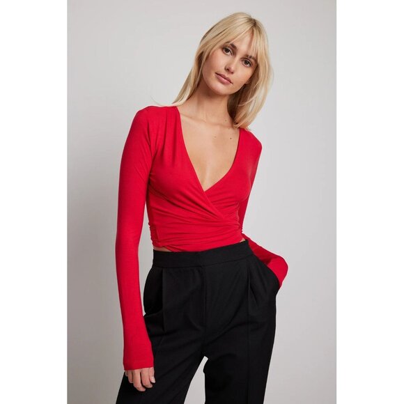 7 FOR ALL MANKIND Red Lyocell Ribbed Long Sleeve Wrap Top T-Shirt, Size M - Picture 1 of 7